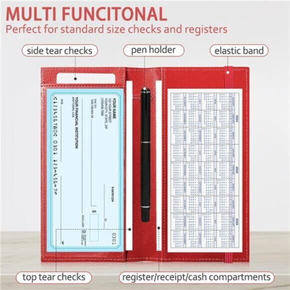 Leather Checkbook Cover for Top (RED with Strap) - Picture 4 of 6
